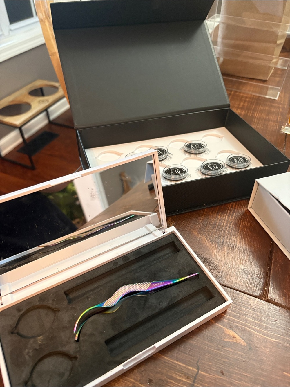 Lashify bundle with Iridescent Tweezer Set with and travel case Mirror 7 pairs
